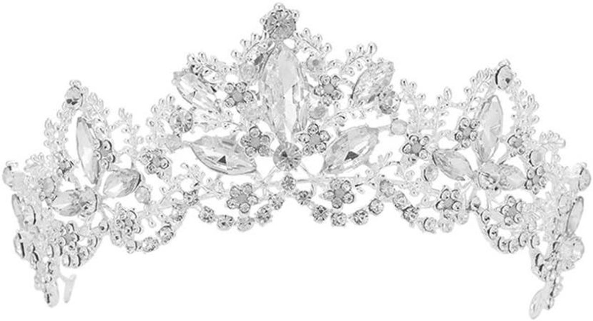 Bruid Tiara - Haar Accessoire - Bruiloft Versiering - Barok Kristal - 16x14.5x5 cm - Zilver