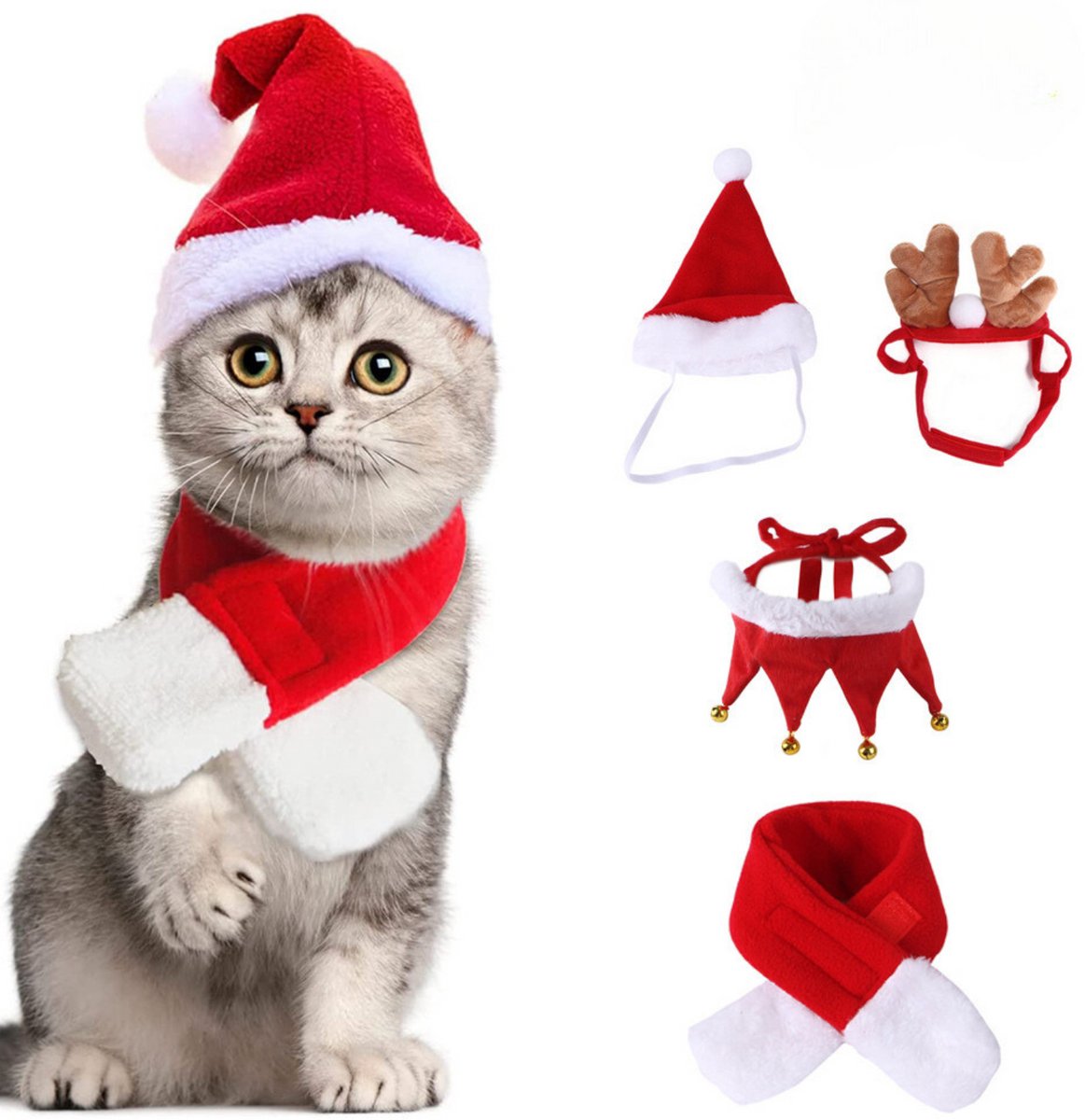 Kerst Acccessoires Set Hond & Kat - 4 Delig - Honden en Katten - Sjaal, Kraagje, Rendierhoorntjes en Kerstmuts - Kerstpakje voor Honden en Katten - Kerstkostuum - Hondenkleding