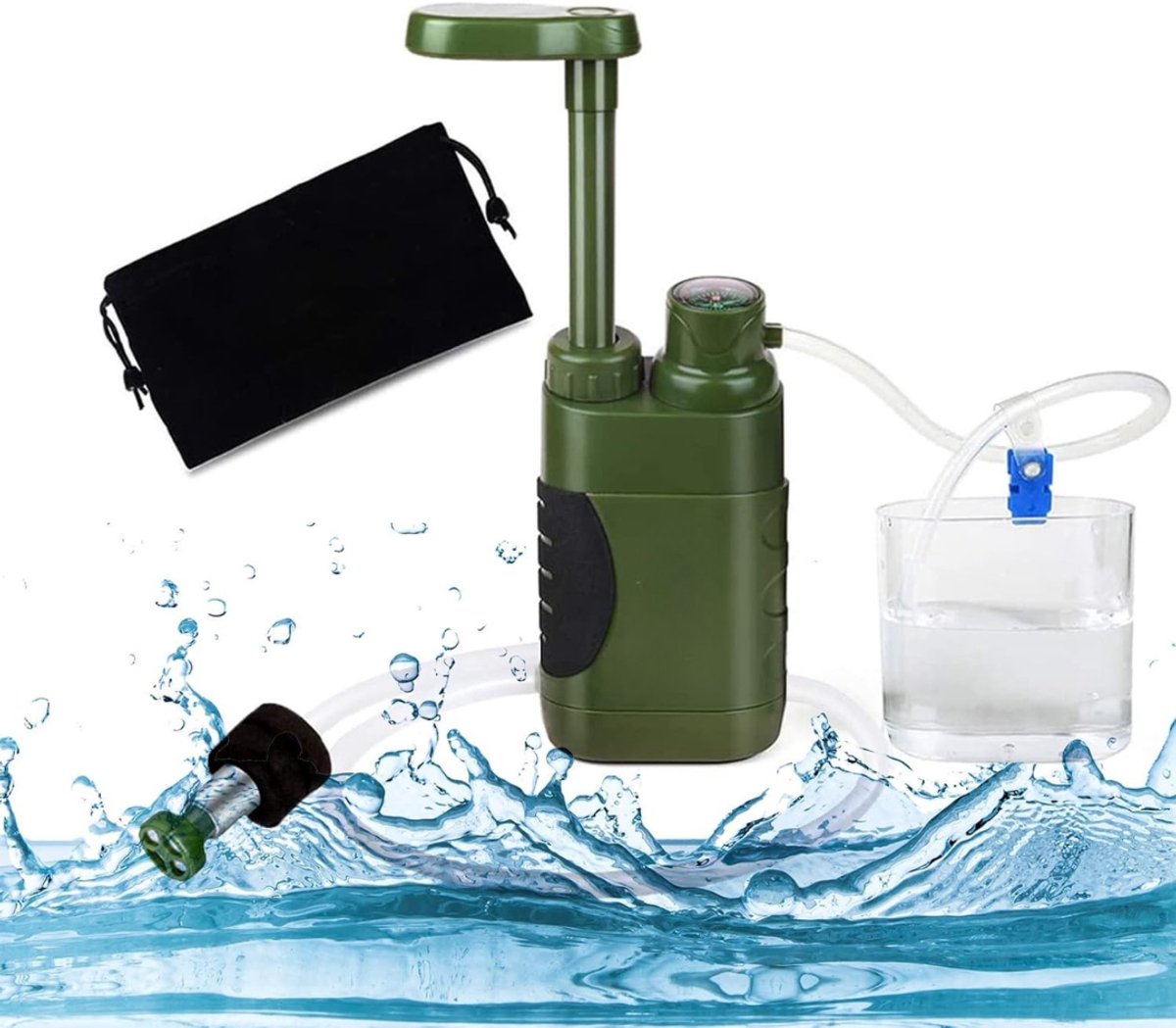 Nexvo® Waterzuiveringsapparaat - Draagbare Waterfilter Kan 5000 l Filteren - Waterzuiveringssysteem Outdoor Met Opbergtas - Legergroen - 9cm x 5cm x 24cm