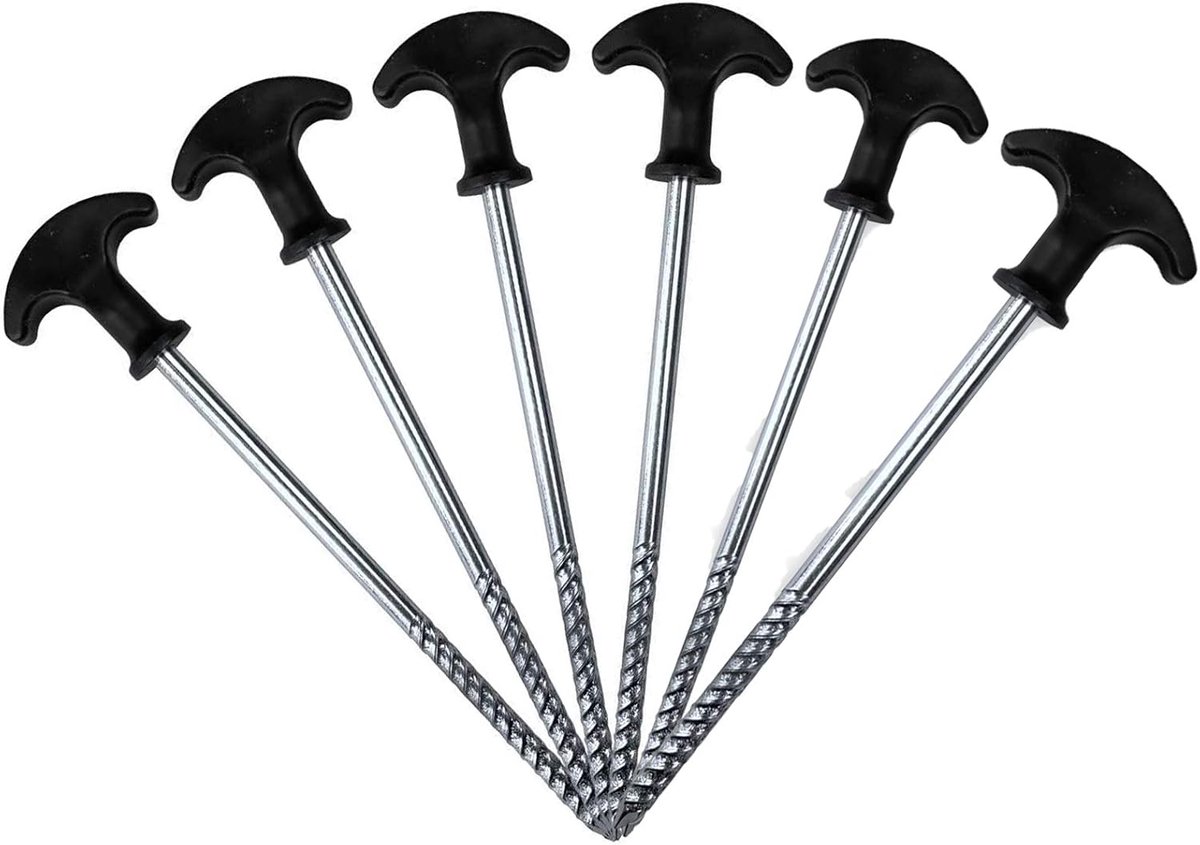 Pack van 6 Roestvrije Camping Pegs - Camping Schroef Pegs voor Harde Grond - Tent - Luifel - Bivvy Tent - Tuin - Reizen - Buitenactiviteiten