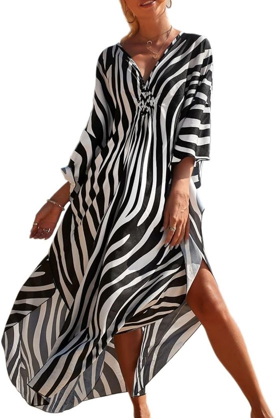 Robe longue femme, Kimono imprimé Maxi Robe de plage Bohème Robe de soirée Grandes tailles Maillot de bain Cache-maillot Manches chauve-souris Vêtements d'intérieur, Rayure, Taille unique
