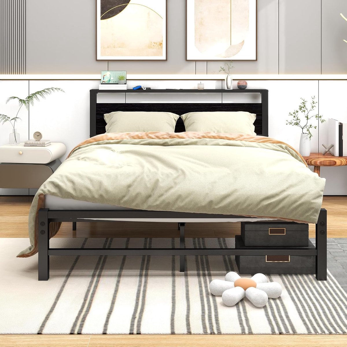 120 x 200 cm Metaal Bed - Bed Frame met Houten Hoofdbord - Platform Bed Frame - Sterk Lattenframe - Eenvoudige Montage - Zwart
