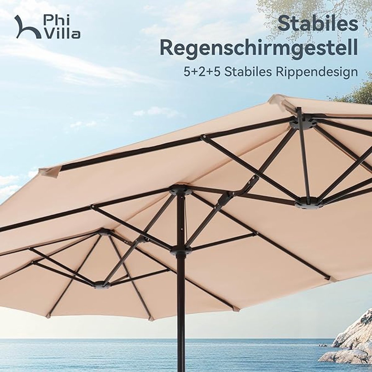 Rechthoekige Tuinparasol 200x380 cm XXL – Dubbele Parasol met Zwengel, UV-bescherming, Windbestendig, Grote Schaduw voor Tuin, Terras & Balkon – Beige – Nicolehome