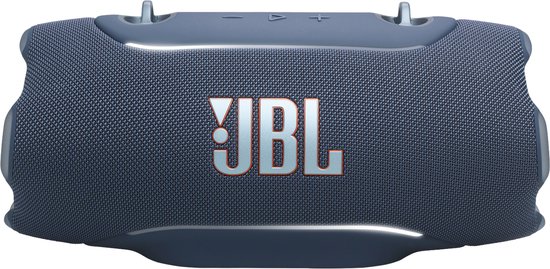 Blauwe JBL Xtreme 5 speaker met prominent JBL logo en sfeerverlichting.