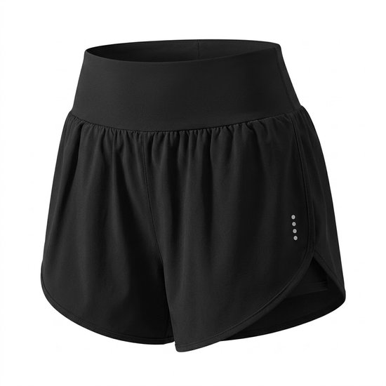 Zwarte dames sportshort met hoge taille en zoom met splitjes. Vier witte reflecterende stipjes op de zijkant.