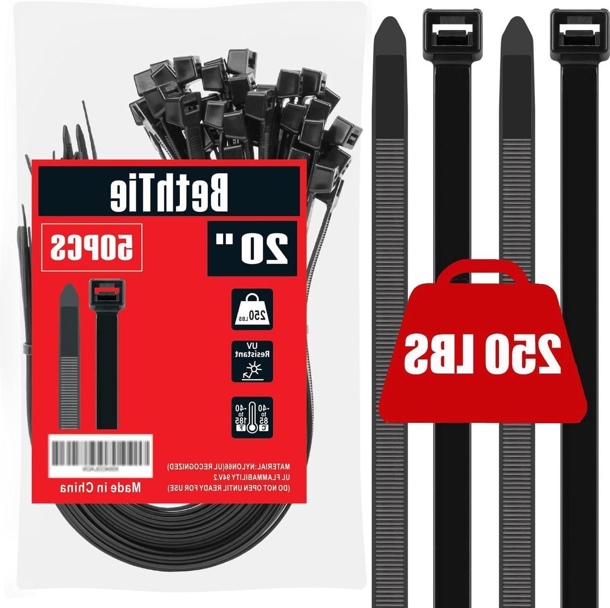 Zwarte Ritsbanden - Kabelbinders Tie Wraps - Zwaar Materiaal Bevestigen - UV-bestendig Nylon PA66 - 50 cm 250 Lbs - Zwart