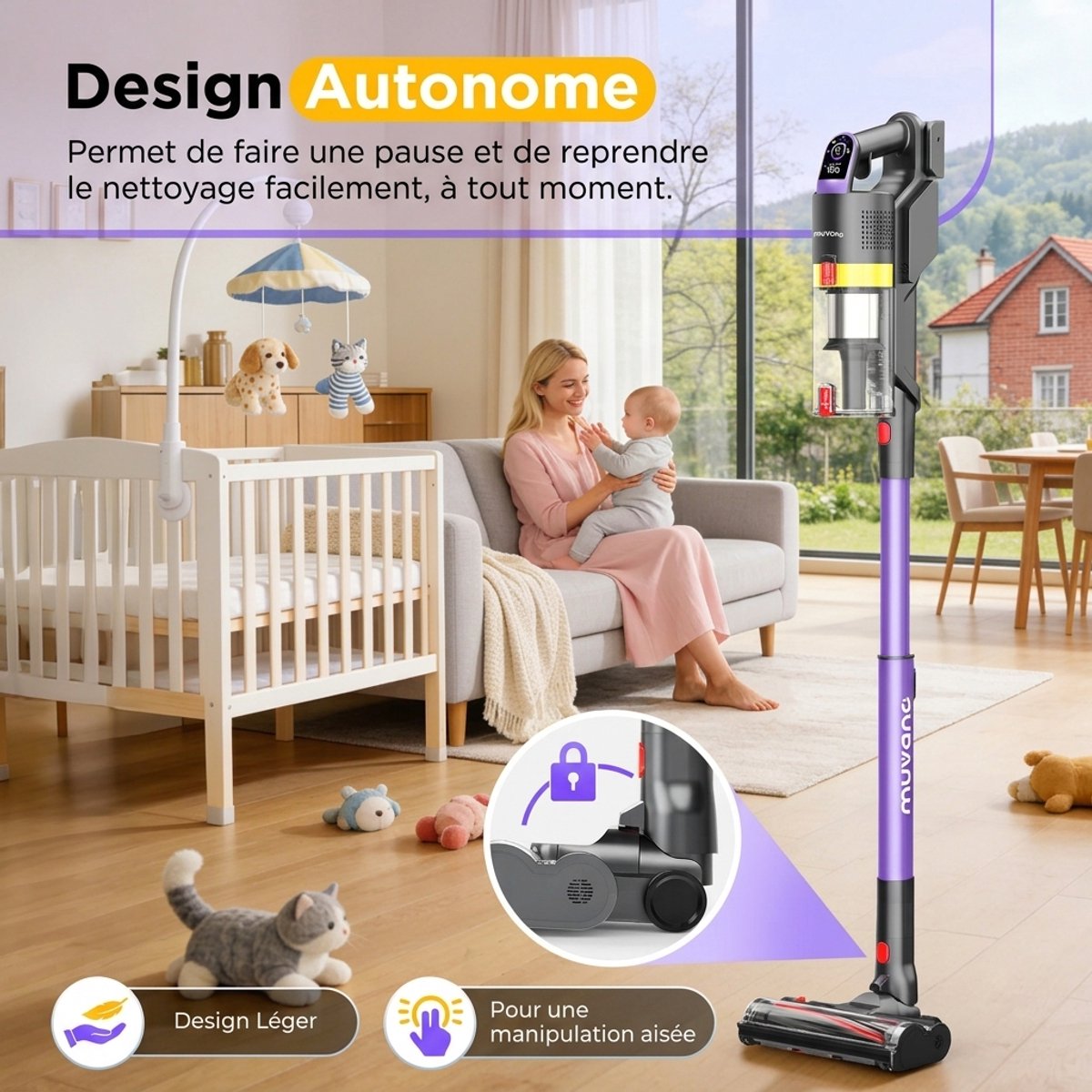 Draadloze Steelstofzuiger 45000Pa - 60 Min Batterij - Anti-klit - Muvano – foto 6
