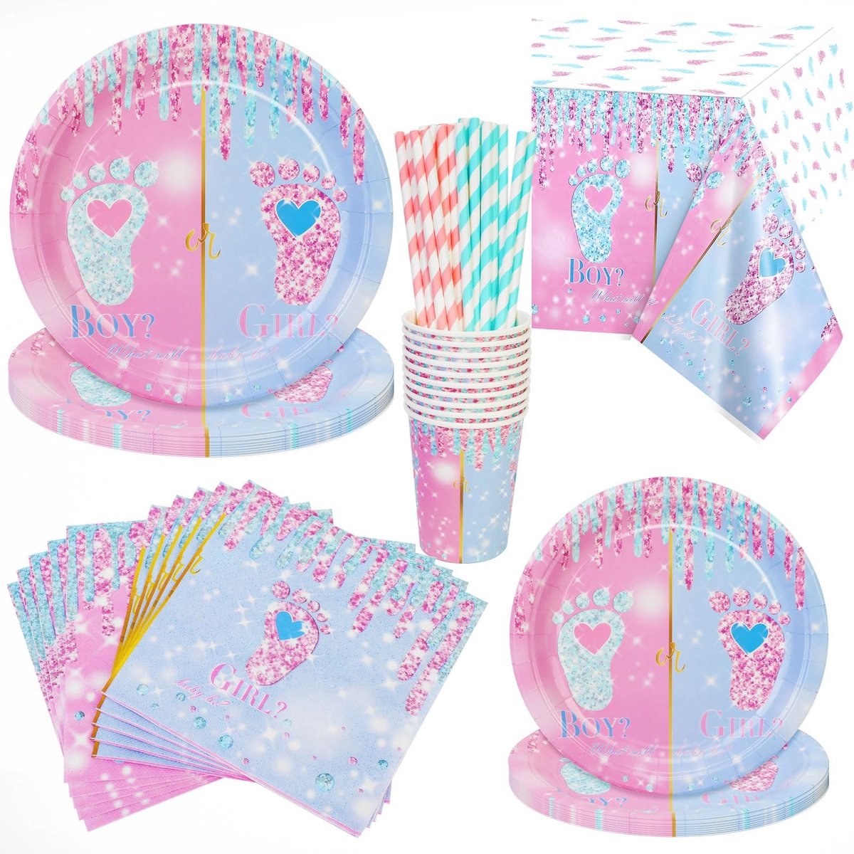 aladdien - Babyservies - Gender Reveal Party - 81-delige serviesset - Uniseks - Decoratie voor babyborrels - Geschikt voor 16 gasten - Blauw en roze