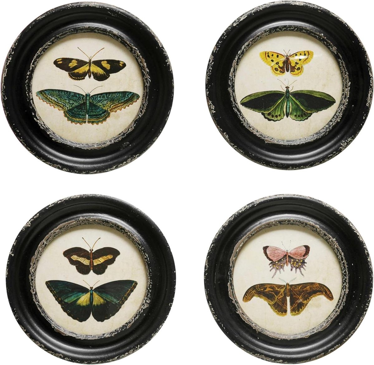 Wanddecoratie Set - Muurkunst Set - Woonkamer Decoratie - Vintage Mot Vlinder - 9.5 Inch Rond - Multicolor