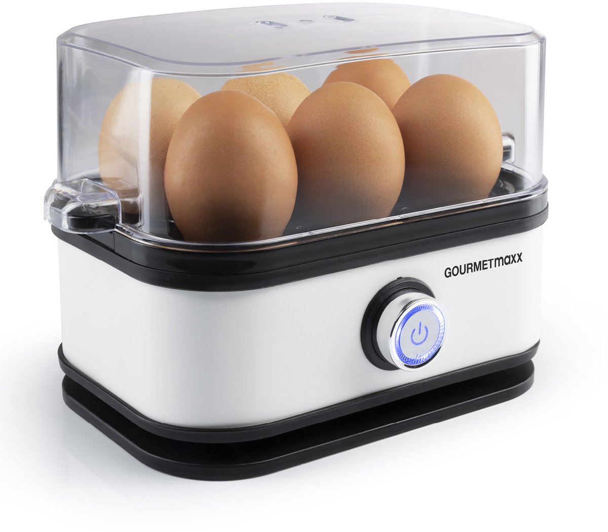 GOURMETmaxx eierkoker voor 6 eieren | Eierkoker met eierprikker in maatbeker | Eierkoker met 3 hardheidsstanden – voor elk ei de juiste stand | Design eierkoker wit – vaatwasmachinebestendige onderdelen