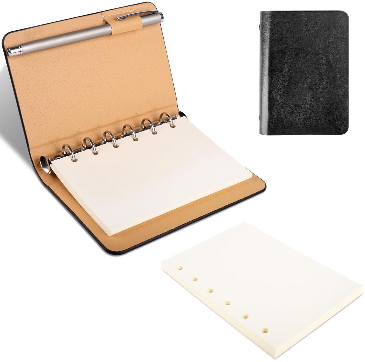 aladdien - A7 Ring Binder - Mini Notebook - Hard Cover - Beige - Refillable - Geschikt voor School Notes en Travel Diaries - A7 Formaat