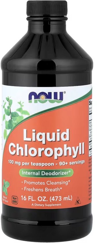 Zwarte fles met "NOW" logo en "Liquid Chlorophyll" etiket in het oranje en wit. Bevat tekst "Internal Deodorizer" en "Freshens Breath".