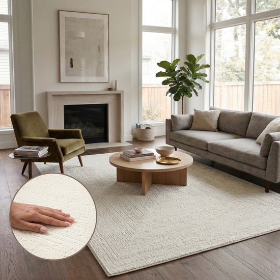 Tapis géométrique Oz Home Elyse Crème - Relief moderne - 290x300 cm - Poils courts 10 mm - Polyester/Polypropylène - Dos en jute - Tapis premium exclusif