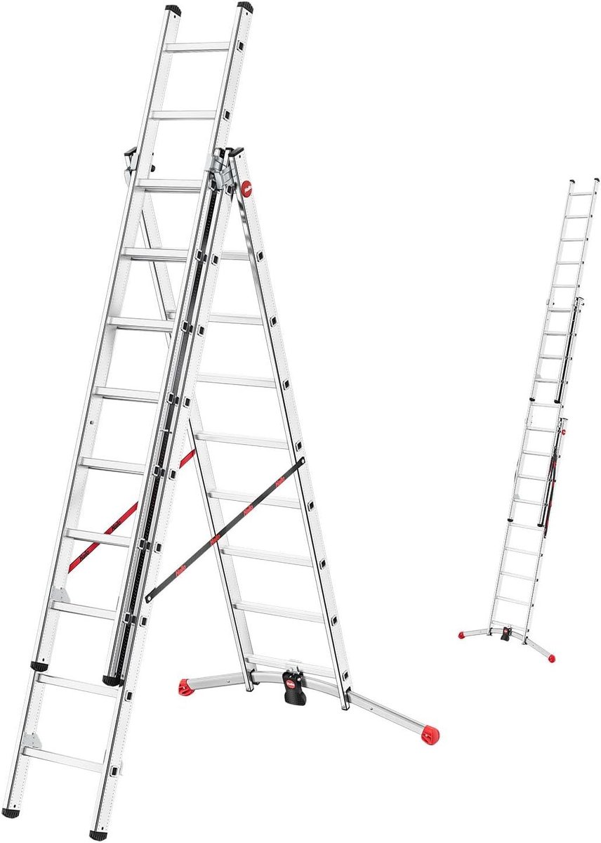 Hailo HobbyLOT ladder, 3-delige aluminium combinatieladder, 3 x 9 sporten, aluminium ladder, loodrecht systeem, draagvermogen 150 kg, uitschuifbare aluminium ladder, kantelladder