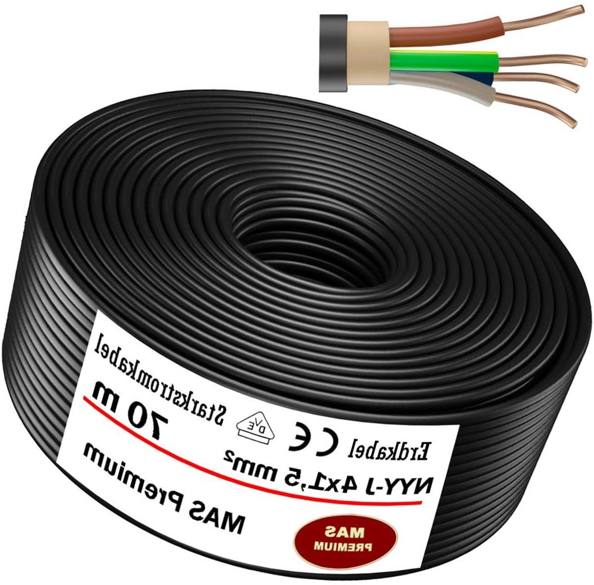 Aardkabel Krachtstroomkabel - Elektrokabel Buiten - Ondergrondse Installatie - VDE Gecertificeerd - 70 Meter - Zwart