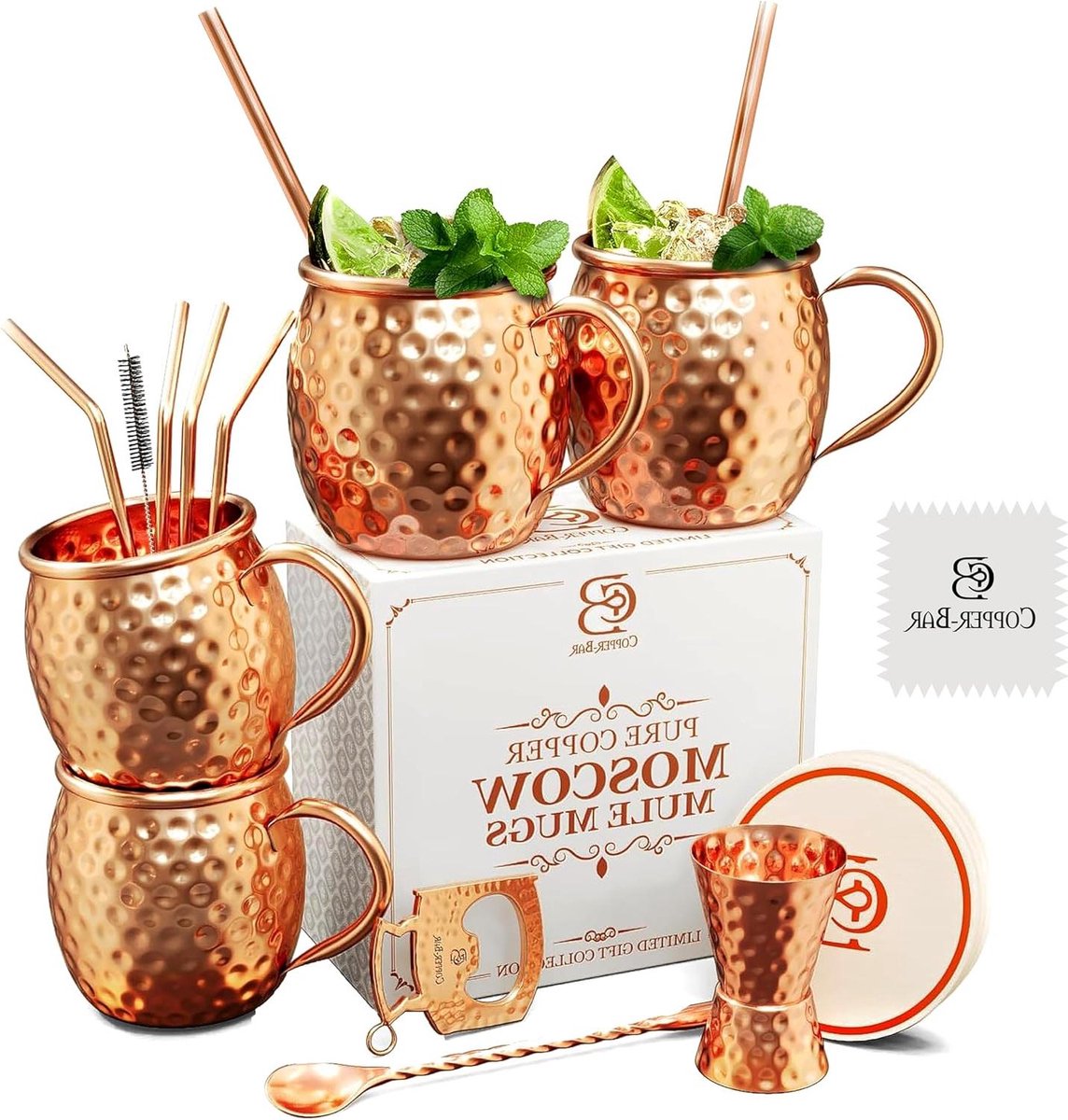 Koperen Mokken Set - Cocktail Bekers - IJskoude Drankjes - 100% Massief Koper - 4 x 16 oz - Koper