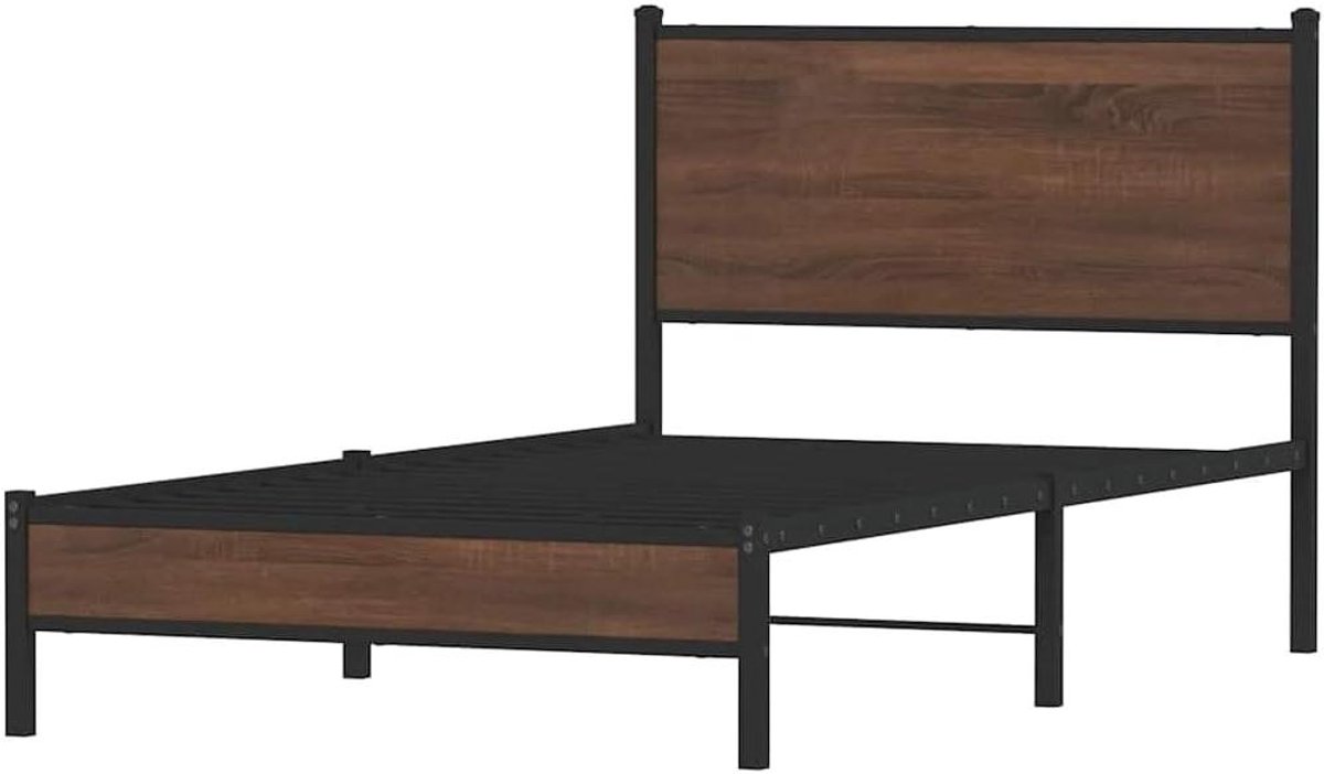 Bedframe met hoofdbord - Ledikant metaal - Slaapkamer inrichten - Extra opbergruimte - 100x200 cm - Bruin eiken