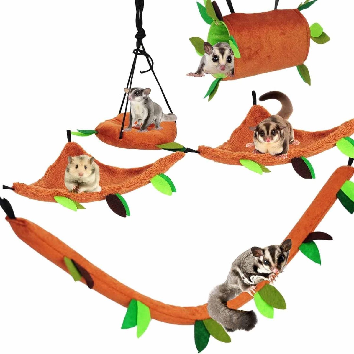 carmdering - Hangmat - Tunnel - Huisdieren - Set van 5, junglethema, zacht pluche - Boomstamtunnel van 14,5 cm - Met haakjes, ophangbaar in kooi - Geschikt voor hamsters, cavia's, chinchilla's, fretten, egels