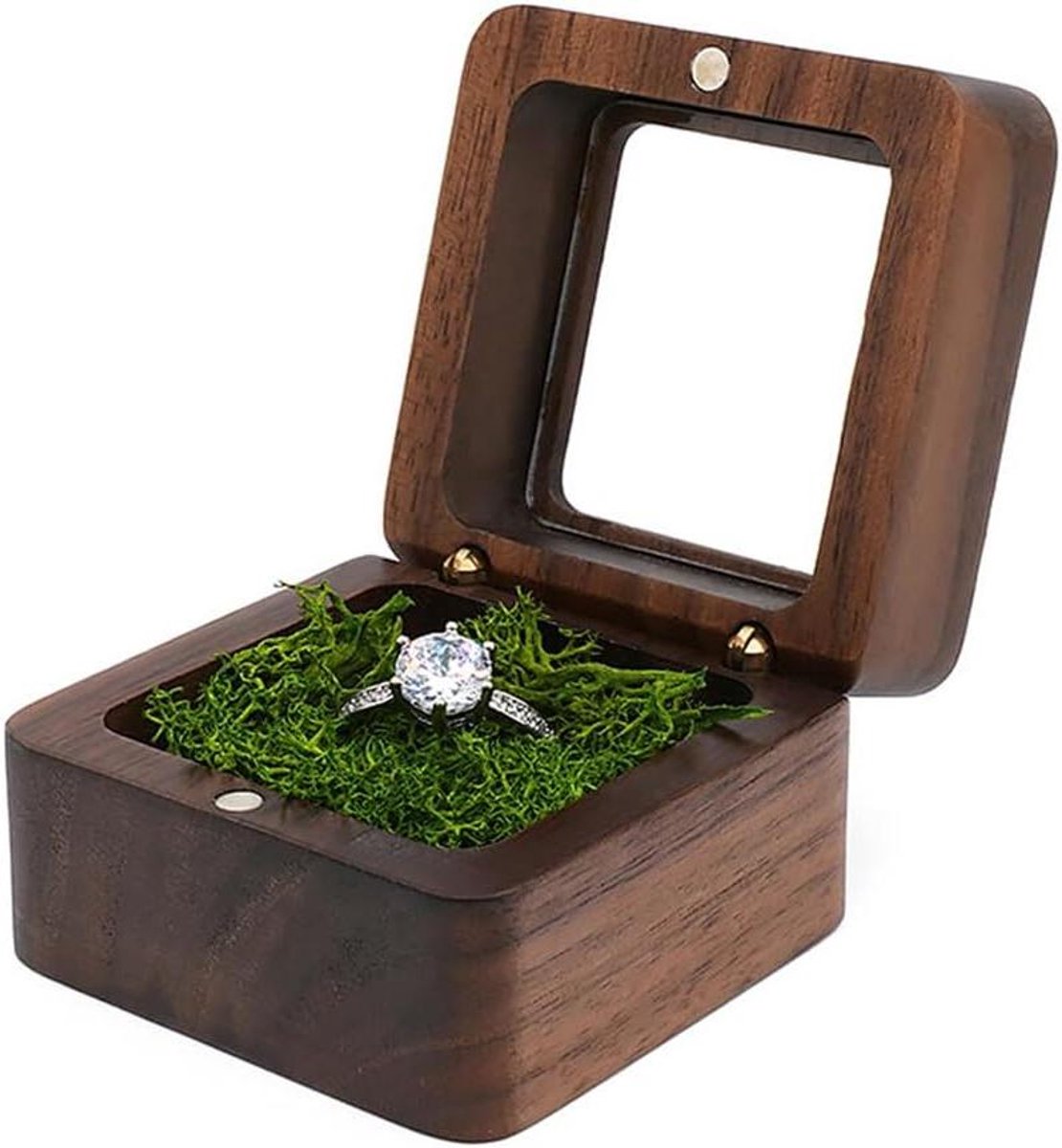 Houten Ring Doosje - Juwelen Kistje - Bruiloft Cadeau - Magnetische Sluiting - Voor Één Ring - Groen