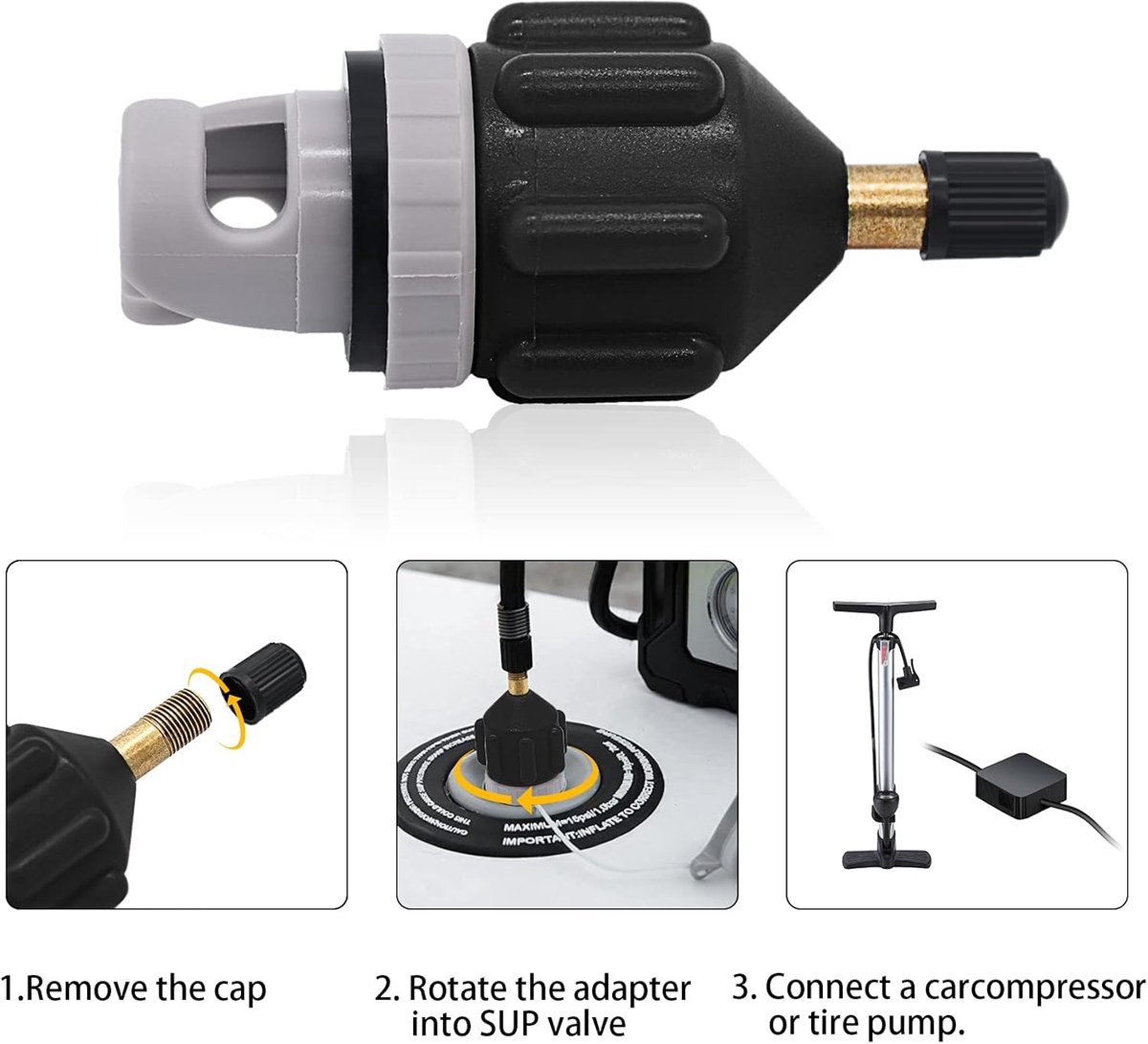 2-delige opblaasbare Stand-Up Paddle Board (SUP) pompadapter - Paddle Board ventiel naar kajak ventiel adapter - Auto pomp inflator adapter - Zwart – foto 7