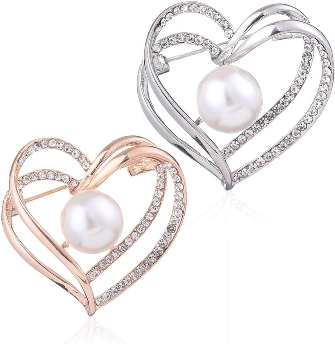 Hartvormige Parels Broche Spelden met Kristallen voor Bruiloft en Feestjes - 2 Stuks in Goud en Zilver, Decoratieve Accessoires voor Dames, Jurken en Jassen
