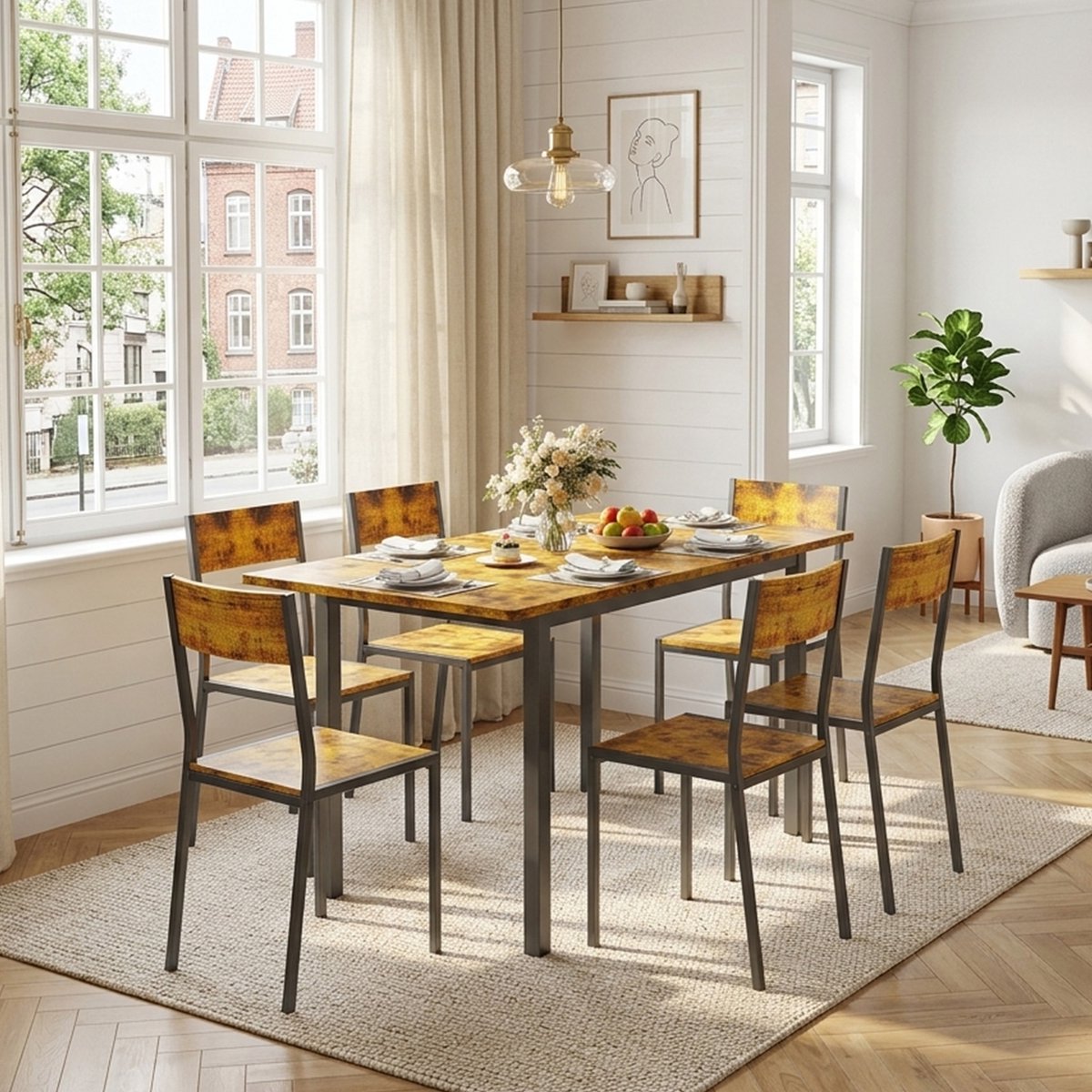 Bealife TB78D Eettafel en Stoelen voor 6 Persone - Moderne Eetkamer Stoelen Set - Uitschuifbare eettafel - Geschikt voor keuken, eetkamer of woonkamer - Huis Meubilair-140×70×77 cm - Bruin