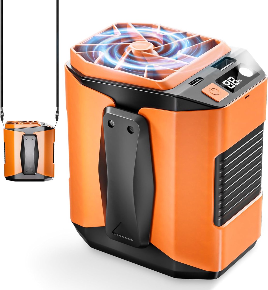 Draagbare riemventilator, 10000mAh oplaadbare batterijventilator, 5 snelheden 16000RPM, mini ventilator met LED geschikt voor buitenwerk, bouw, reizen, kamperen