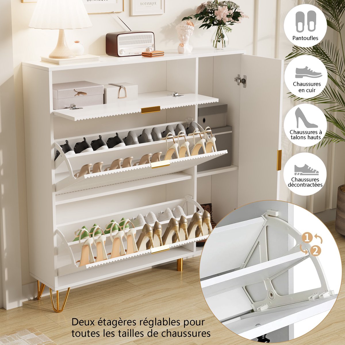 Moderne houten schoenenkast voor de hal - 3-laags schoenenrek met smalle deuren - Schoenenrek - Schoenenkast voor de hal - Schoenenopbergmeubel-Wit