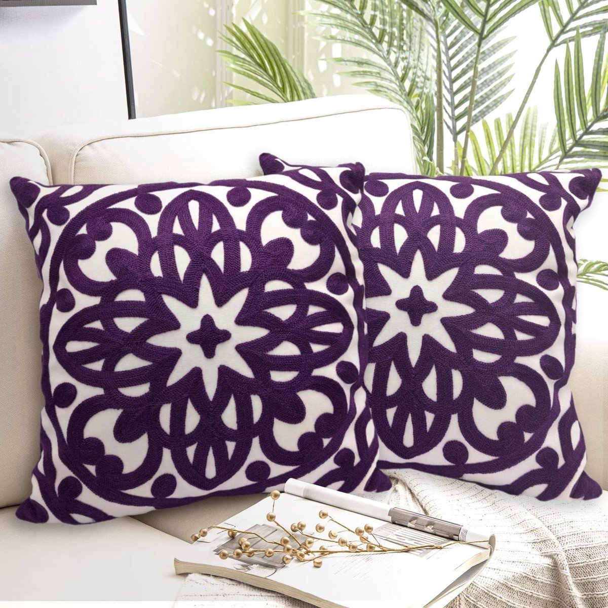 Decoratieve kussenslopen - Sierkussenhoezen - Woonkamer Aankleden - Geborduurd Mandala Patroon - 45x45 cm Set 2 - Donkerpaars
