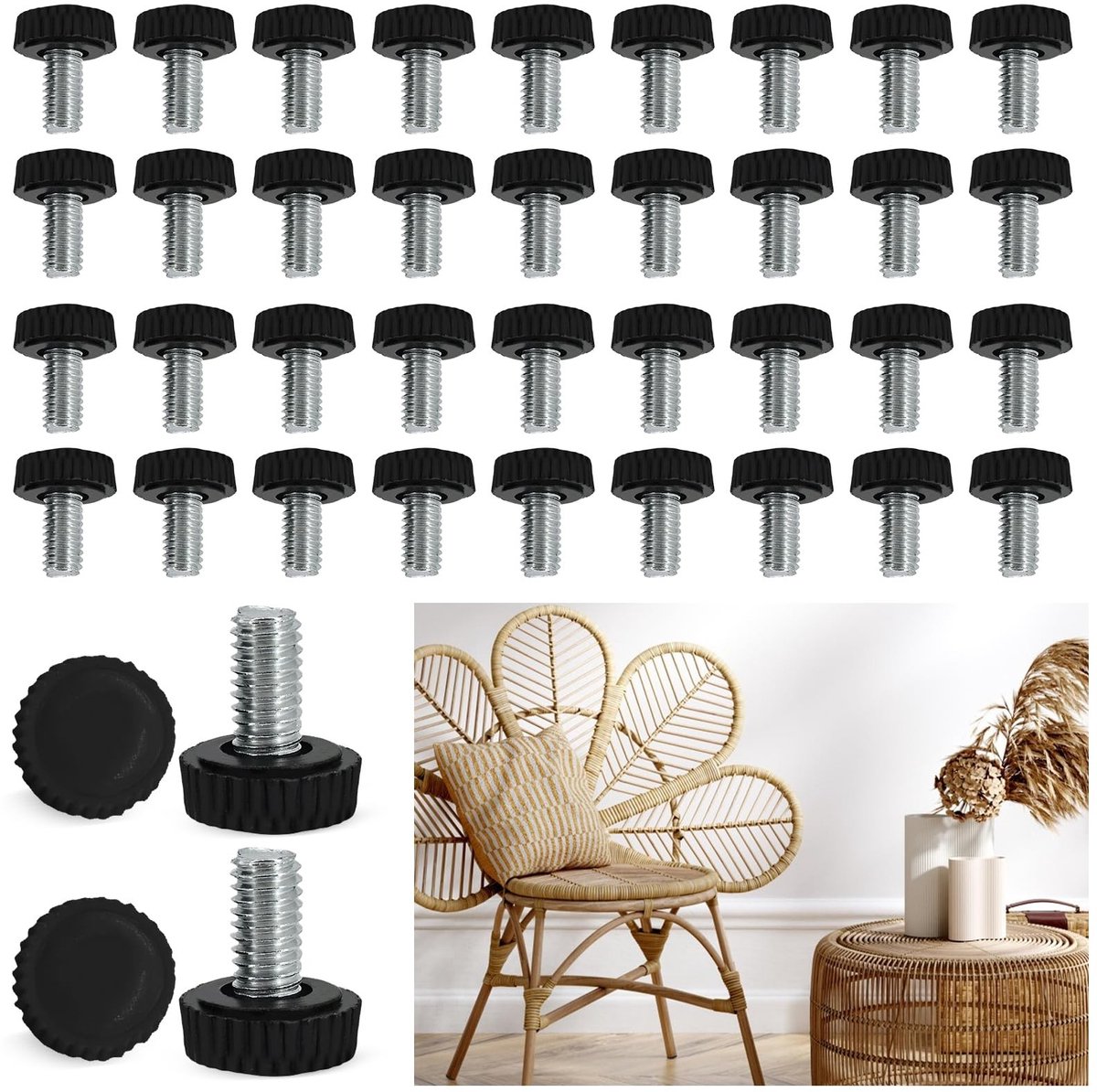 ONF3 - Verstelbare Meubelpoten - Hoogteverstelbare Poten - Zwart - Antislip Rubber - Ideaal voor Stoelen en Tafels - 40 Stuks