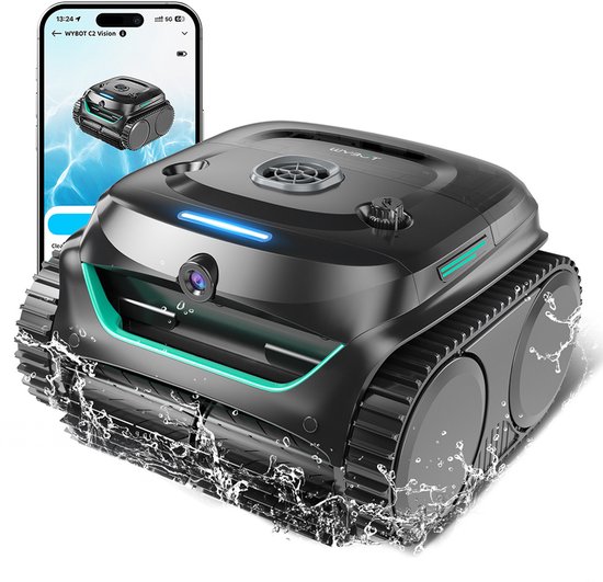 Zwarte zwembadrobot met rupsbanden, met camera en app-weergave op smartphone. Robottje spettert in het water.