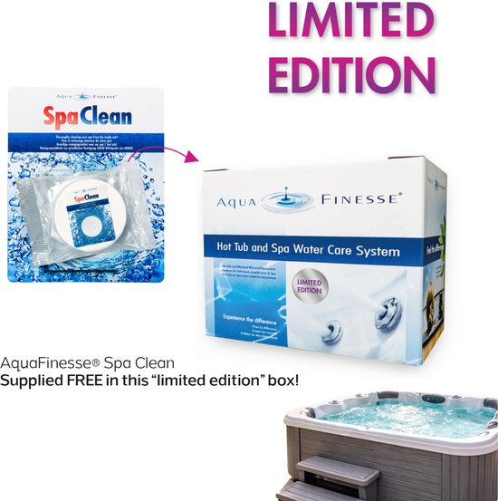 Limited Edition: Aquafinesse Spa Clean tablet gratis in "limited edition" doos, naast een spa.