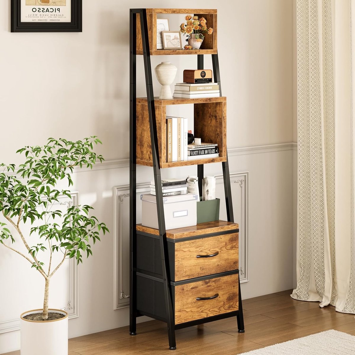 HOMESY Boekenkast, smalle plank met 5 planken, met 2 stoffen laden, kleine boekenplank geschikt voor slaapkamer, kantoor, woonkamer, keuken, 39 x 28,5 x 157 cm, retrokleur