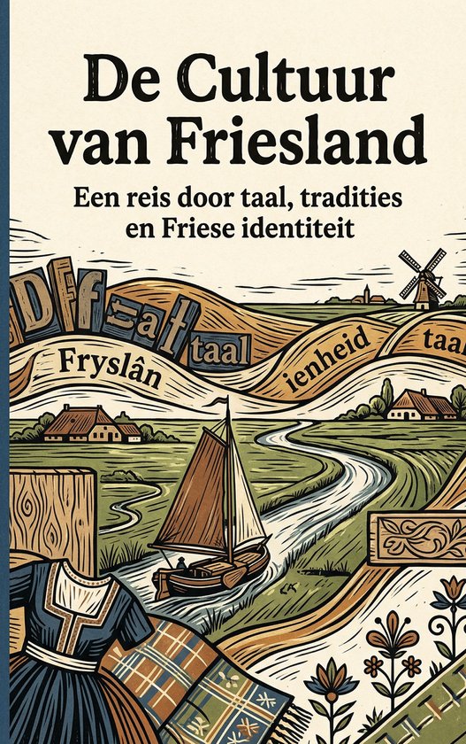 Couverture de livre avec paysage de la Frise : moulin, voilier, fermes, champs. Texte : 'La Culture de la Frise', 'Un voyage à travers la langue, les traditions et l'identité frisonne'.