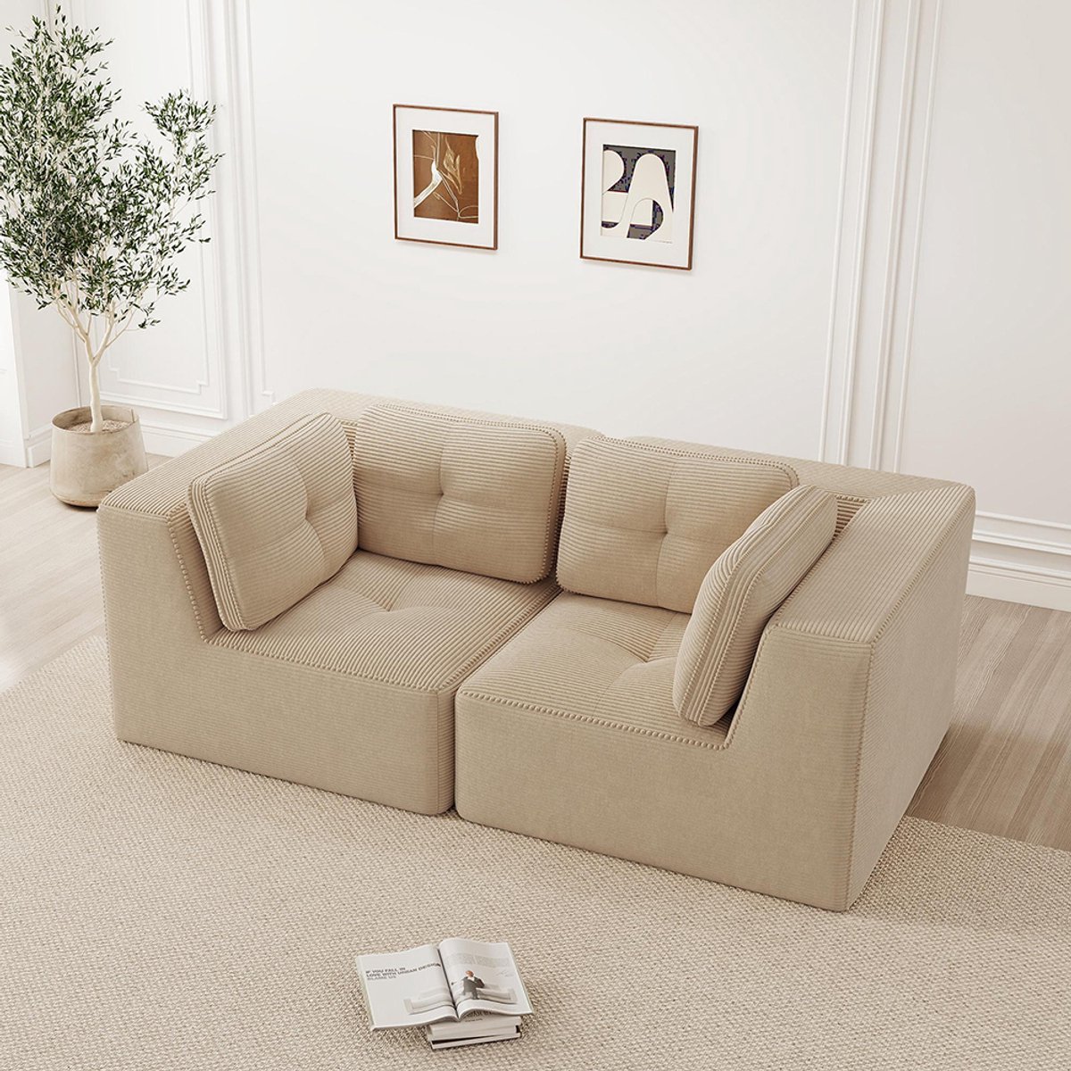 BLACKCOLORS Modulaire en configureerbare hoekbank, tweezitsbank zonder frame, comfortabele bank van corduroy, geschikt voor de woonkamer en slaapkamer, beige