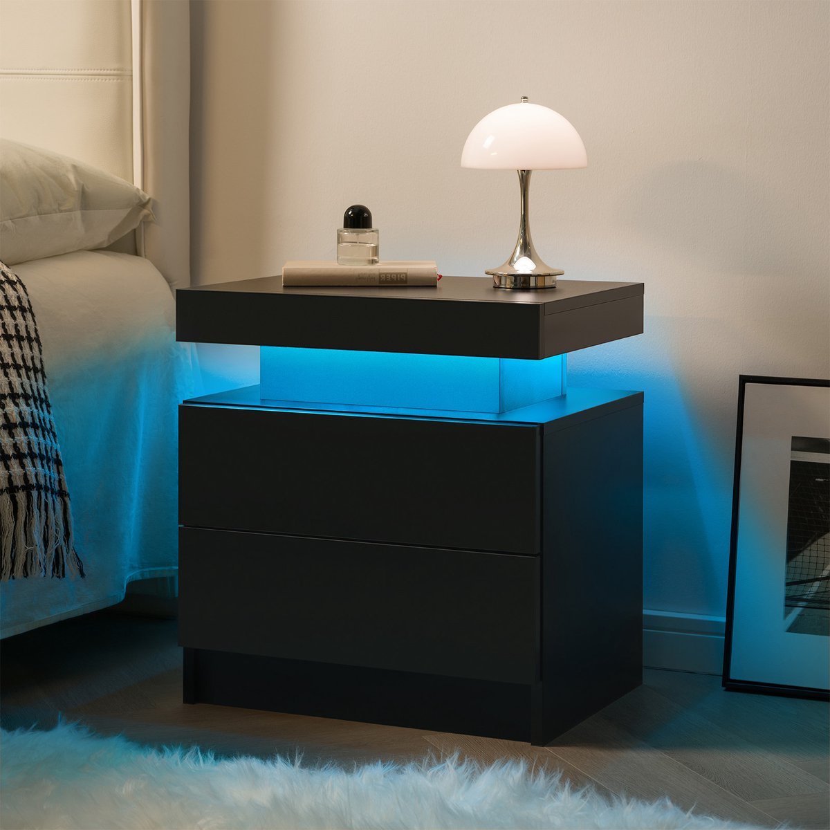MIVRAY Nachtkastje - Met Verstelbare Ledverlichting En 2 Lades - Voor Slaapkamer En Woonkamer - Hout - Zwart