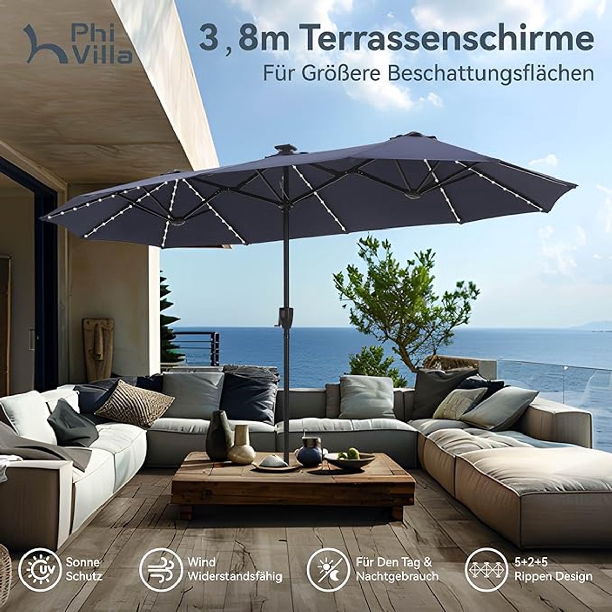 Rechthoekige Tuinparasol 200x380 cm XXL met LED Verlichting, Dubbelzijdig, UV-bescherming, Waterafstotend, Windbestendig met Crank Systeem – Beige – Nicolehome