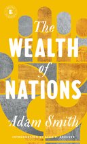 Couverture du livre 'The Wealth of Nations' par Adam Smith, avec des formes géométriques jaunes et grises et une texture dorée.