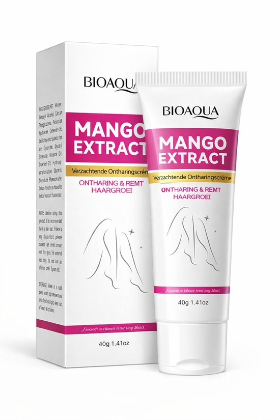 Tube en doosje 'BIOAQUA Mango Extract' ontharingscrème. Illustratie van benen.