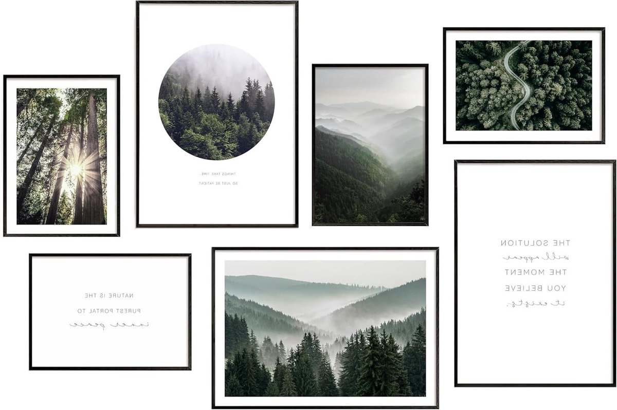 Posterset met lijsten - Wanddecoratie set - Muren verfraaien - 7 harmonieuze afbeeldingen - 3xA3 4xA4 - Forest groen