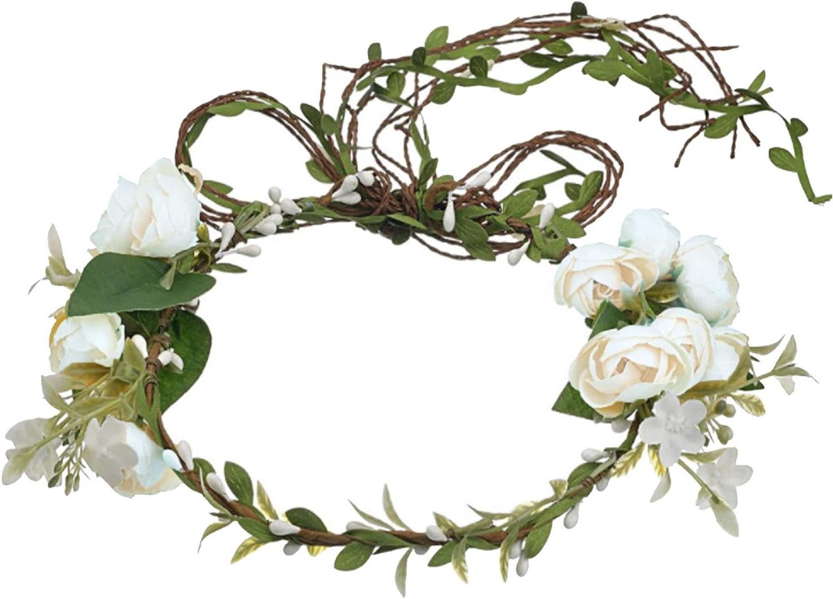 Bloemenkrans Hoofdband - Bloemen Haaraccessoire - Bruiloft Feest - Verstelbaar - 19 cm - Wit