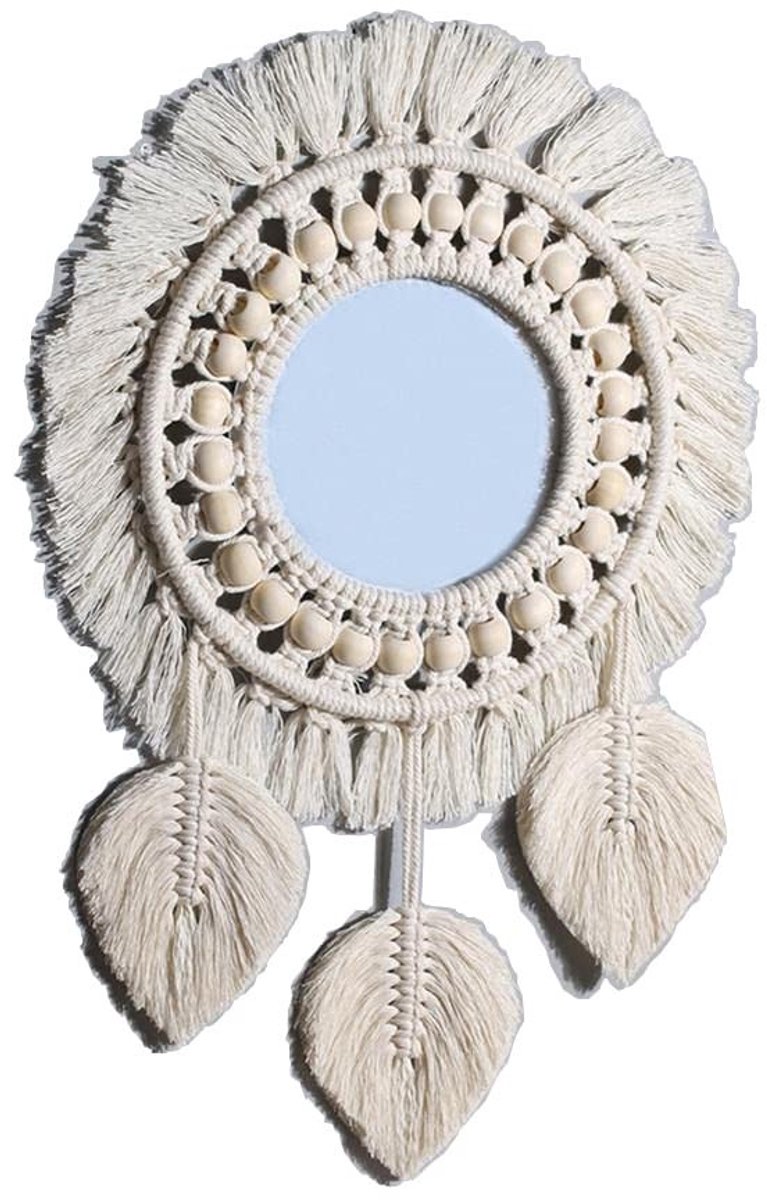 Wandspiegel - Decoratieve Spiegel - Ronde Vorm - Macramé-Franjes - Woondecoratie - Geschikt voor Woonkamer en Slaapkamer