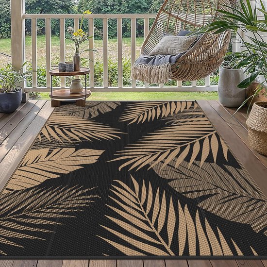 Buitentapijt Omkeerbaar - Campingmat Picknickkleed - Buiten Leven - Waterdicht & Makkelijk Schoon - 240x300 cm - Bladmotief Zwart Bruin — afbeelding 5