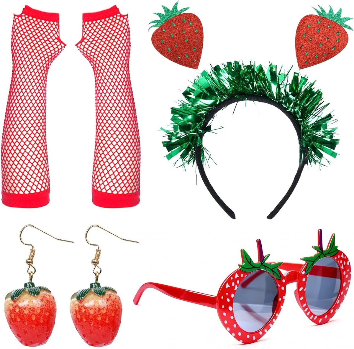 Vrouwelijk Aardbeien Kostuum met Fruitaccessoires, Hoofdband, Bril, Oorbellen en Handschoenen voor Carnaval en Hawaii Feestjes