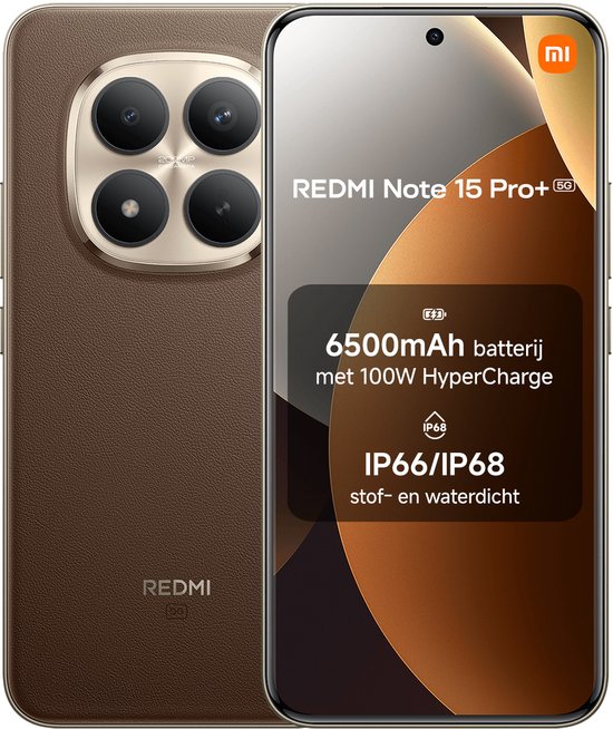 Redmi Note 15 Pro+ 5G marron avec batterie 6500mAh, 100W HyperCharge, étanche IP66/IP68. Quatre caméras.