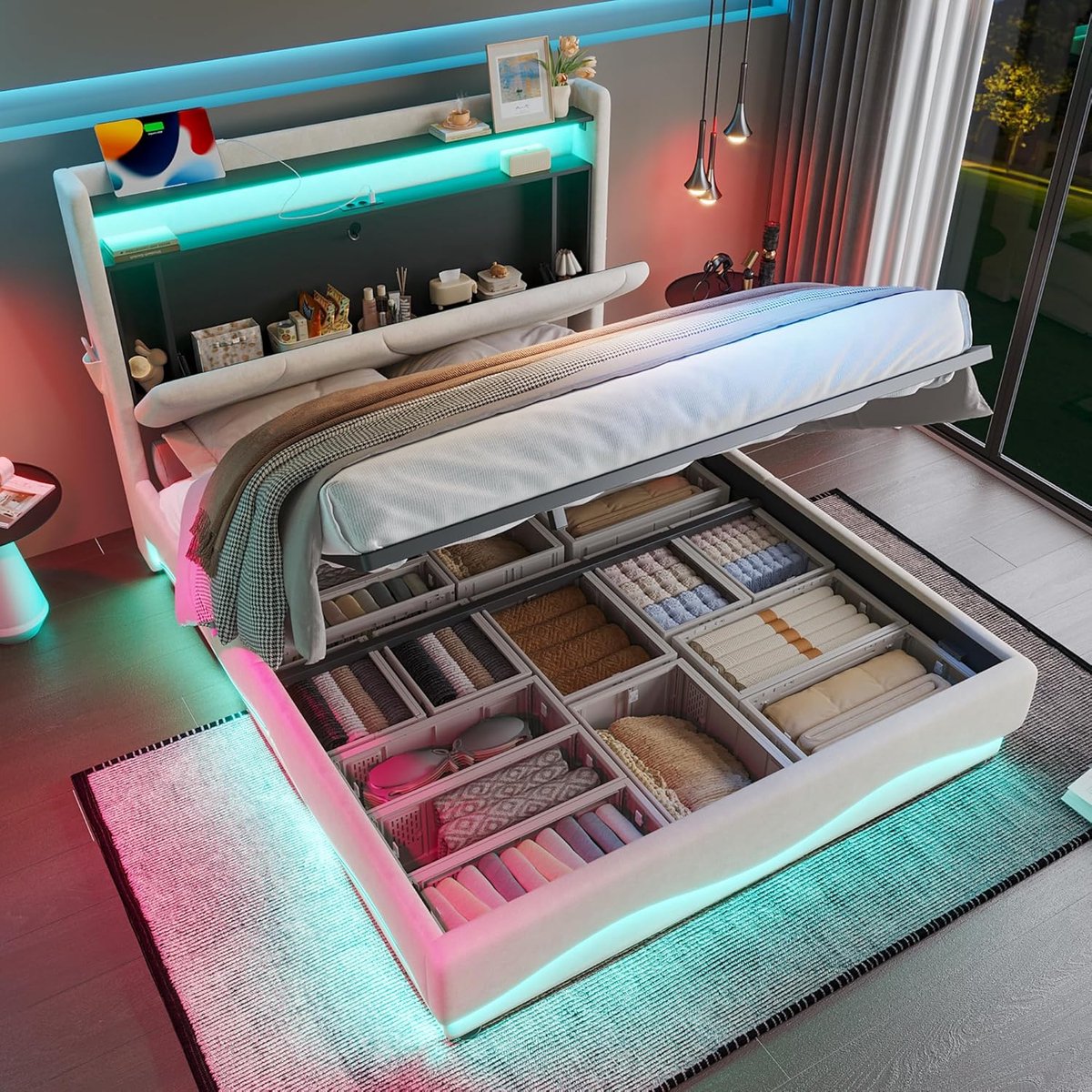 Gestoffeerd Bed - Hoofdbord Met Opberging - Moderne Slaapkamer - Geïntegreerde USB Poorten