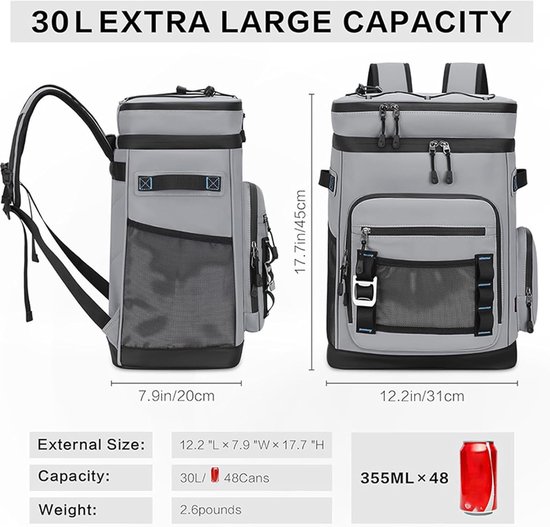 Koelrugzak 30 liter - Geïsoleerde tas - Buitenactiviteiten - Waterdicht en thermisch - 31x20x45 cm — afbeelding 3