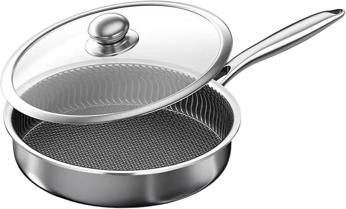 Antiaanbakpan Roestvrij Staal - Koekenpan Braadpan - Huishouden Camping - Inclusief Deksel Inductie Geschikt - 30 cm