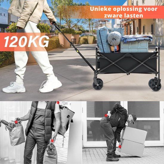 SNJY® Bolderkar Opvouwbaar - Strandkar - Boodschappenkar - Tot 120 KG - 72D x 47B x 91H cm - Zwart van Merkloos — afbeelding 5
