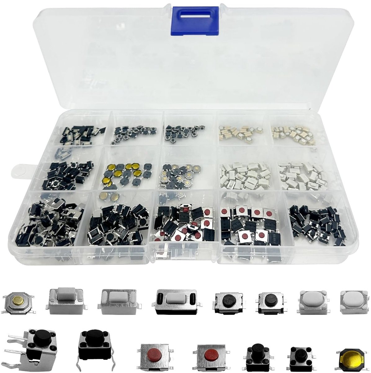 Tactiele Drukknoppen Set van 300 Stuks - Assortiment van Micro Switches voor Auto Afstandsbediening met Opbergdoos, Ideaal voor Elektronische Projecten en DIY Toepassingen